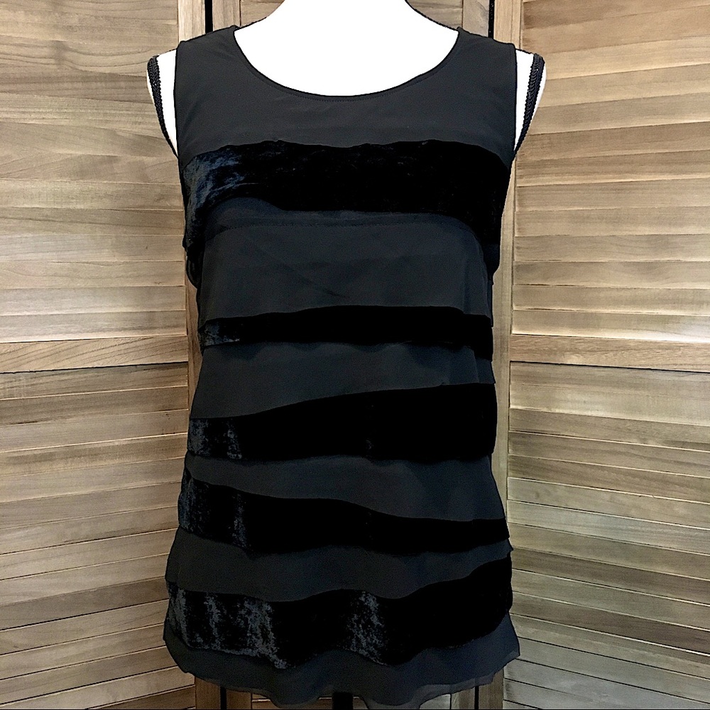 LOFT Black Tank Top with Layered Velvet and Chiffon, Medium Petite, NWT